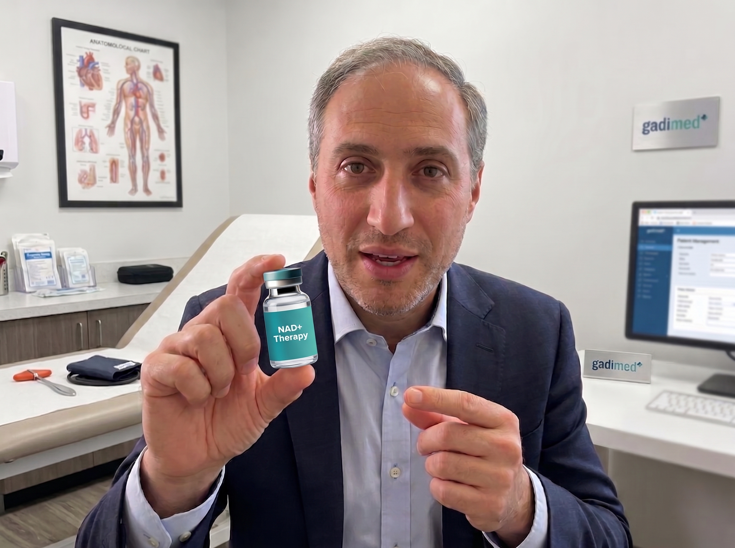 Dr. David Turner explaining NAD+ therapy for cellular health at GadiMed clinic