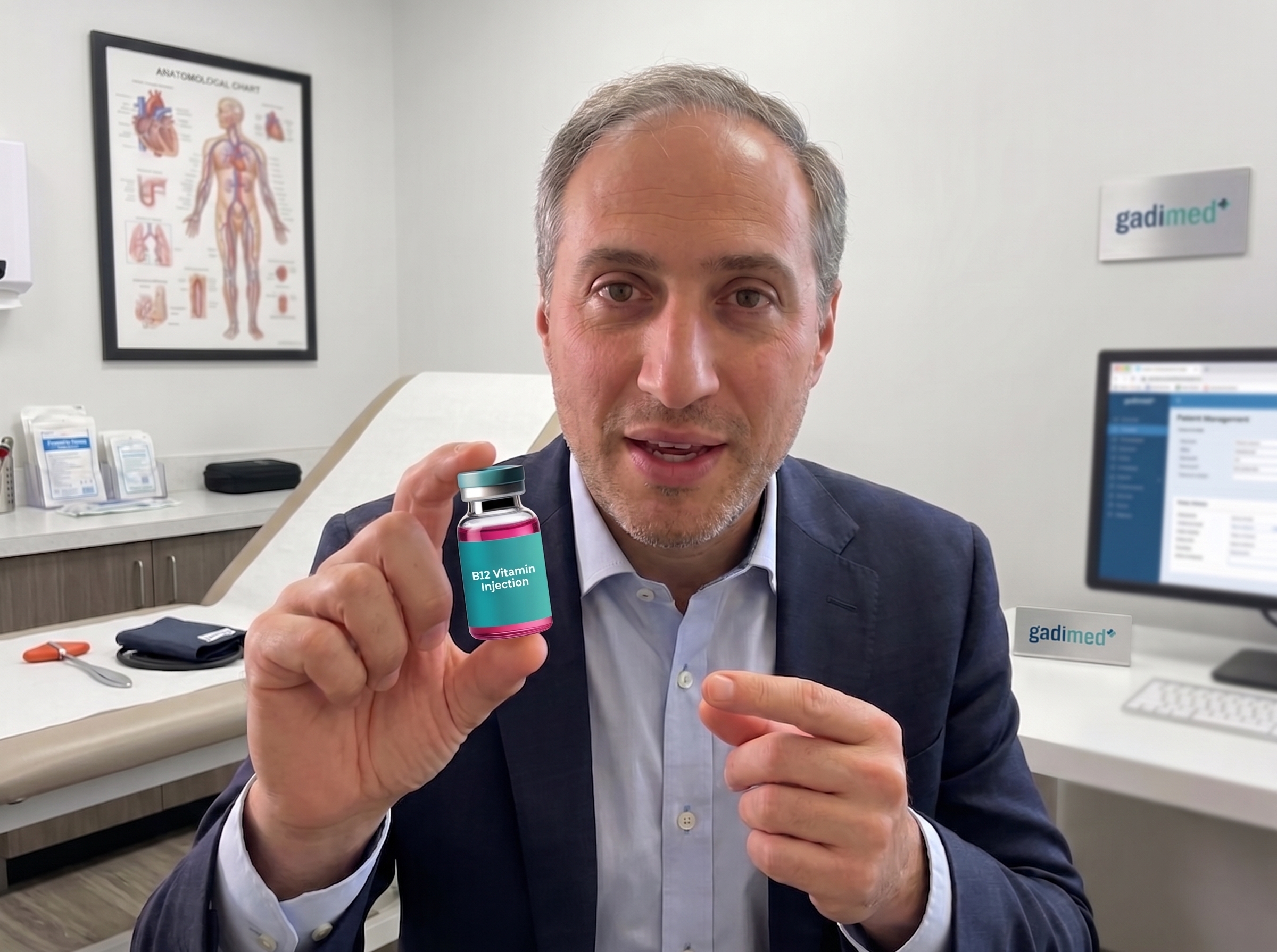 Dr. David Turner holding a B12 vitamin injection vial at GadiMed clinic